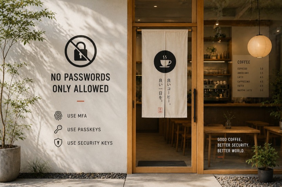 Coffee shop storefront sign reading No Passwords Only Allowed, with icons for MFA, passkeys, and security keys