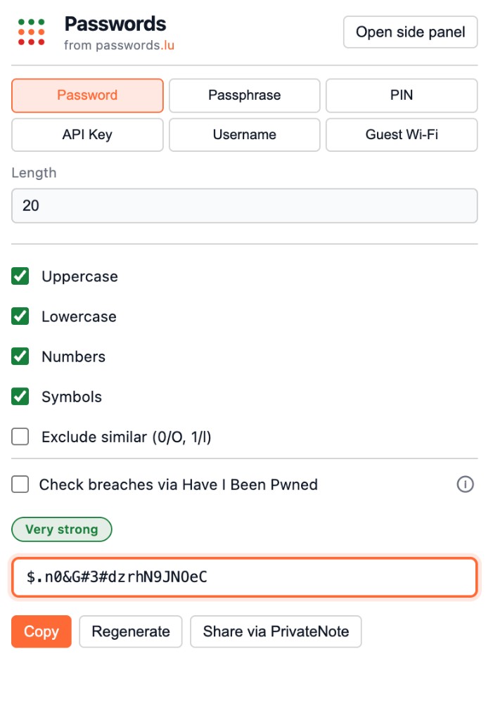 Passwords Chrome extension popup with password generator, strength badge, and copy, regenerate, and PrivateNote actions
