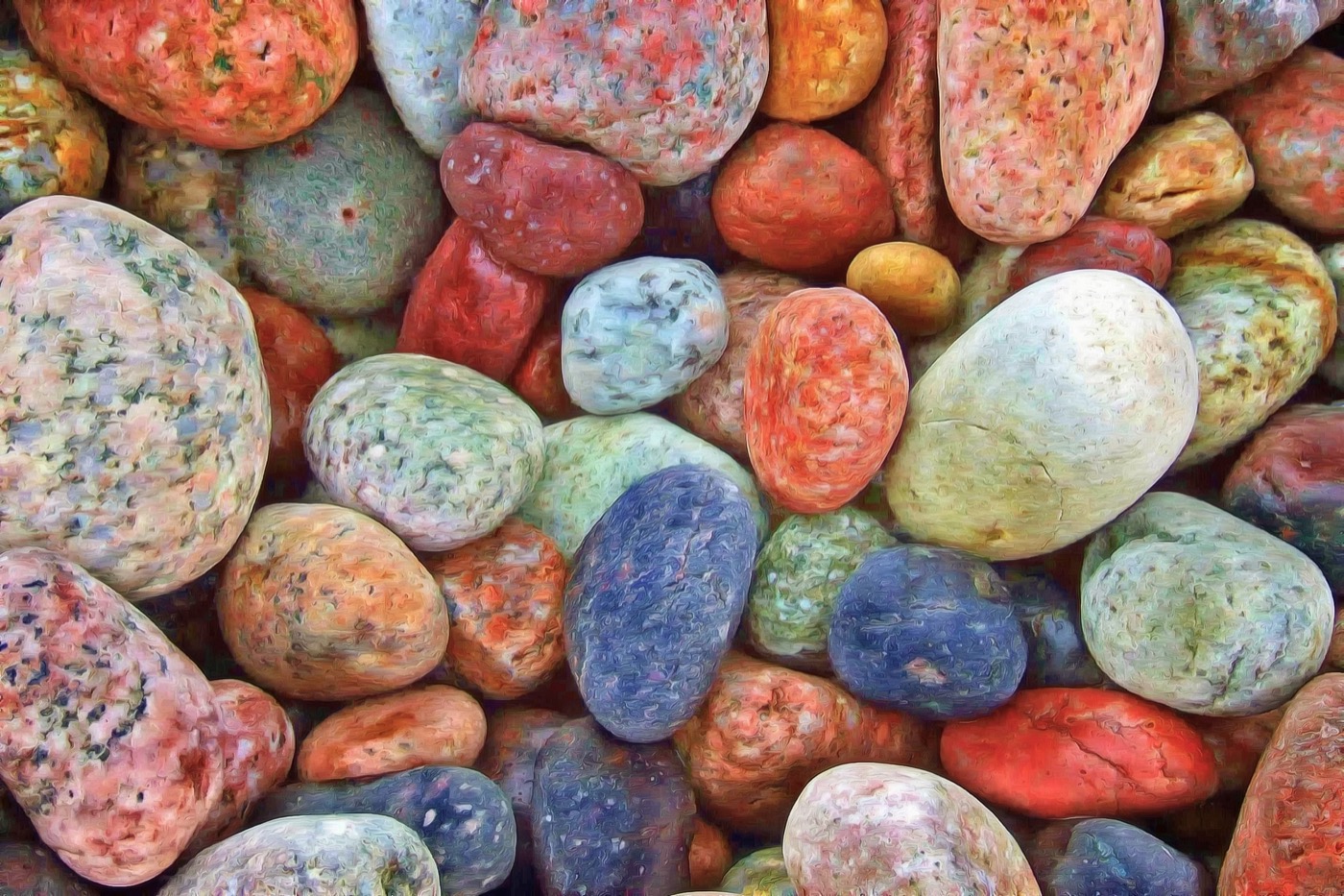 Colored stones scattered in a random-looking pattern