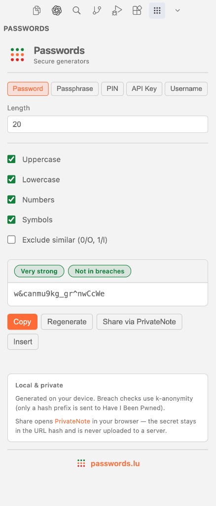 Passwords VS Code extension sidebar panel with password generator, strength and breach badges, and copy actions